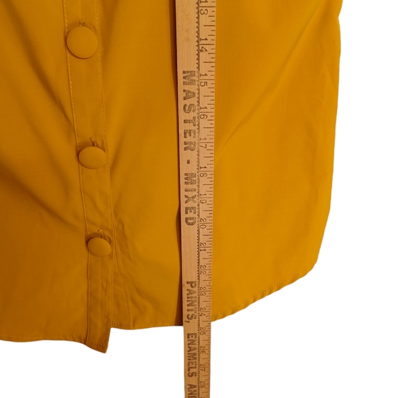 ALPHA & OMEGA Mustard Yellow Button Front Pleated Ruffle Cold Shoulder Top NWT S - Picture 7 of 8